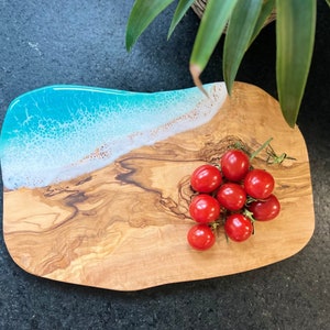 Olive wood board with sea waves made of epoxy resin, olive wood with epoxi, cutting board, breakfast board image 1
