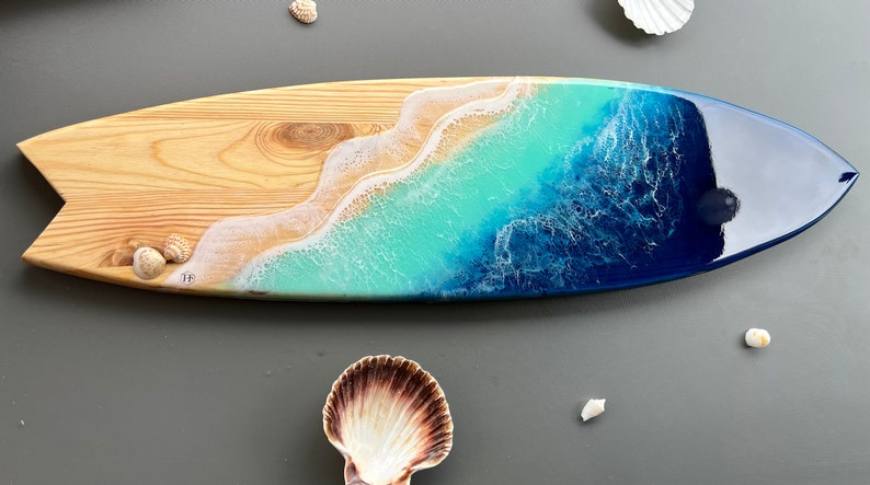 Surfboard epoxy resin table, marine decoration, wooden surfboard, ocean art, surf art, tropical art resin, Hawaii beach art, beach house image 4