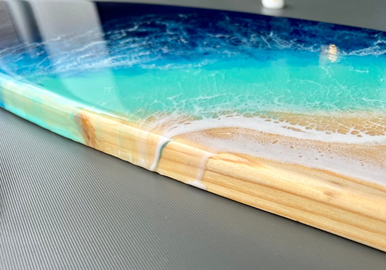 Surfboard epoxy resin table, marine decoration, wooden surfboard, ocean art, surf art, tropical art resin, Hawaii beach art, beach house image 2