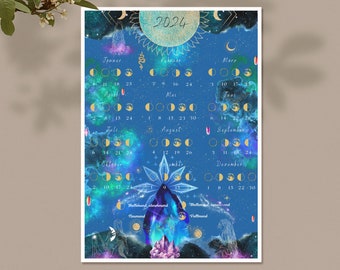 Lunar calendar 2024 A3, A4 | Astrology, moon phases 2024, calendar 2024, wall calendar, annual calendar, moon phase calendar, calendar poster