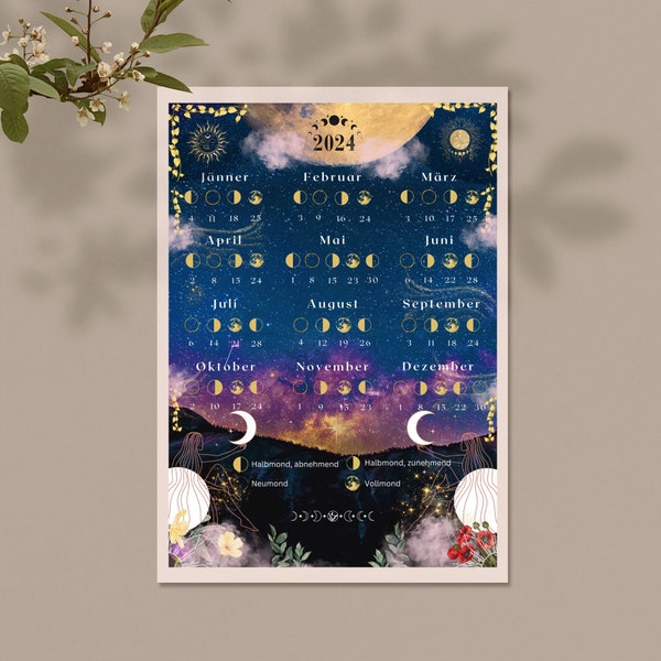 Mondkalender 2024: Astrologie Kalender 2024 A3, A4, Kalender 2024, Mondphasen 2024, Wandkalender, Jahreskalender, Mondphasen Kalender 2024