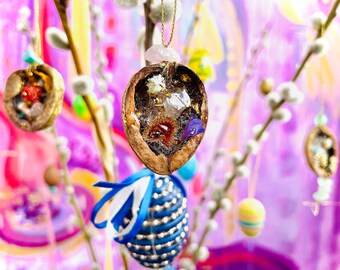 Easter decoration: hand-filled walnut shells for hanging | Easter decoration, Easter tree decoration, Easter decorations, Easter hanging decorations, decorative pendants