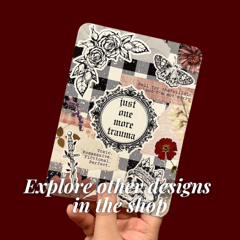 May include: A decorative collage featuring a black and white checkered pattern, floral and butterfly stickers, and the text "just one more trauma." Additional text includes "Fell for the villain and I'm not sorry" and "Explore other designs in the shop."