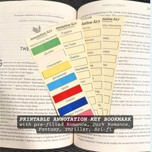 Puede incluir: Marcadores de anotación imprimibles con categorías prellenadas para romance, romance oscuro, fantasía, thriller y ciencia ficción. Los marcadores son coloridos y están diseñados para anotar libros.
