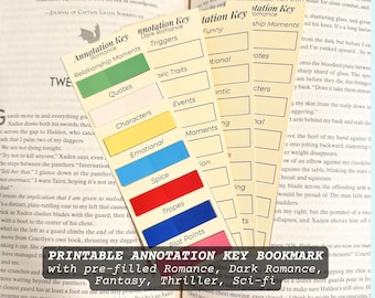 Printable Book Annotation Key Bookmark Note Guide Reading Accessory for Annotators. Romance, Fantasy, Thriller, Dark Romance, Sci Fi Readers