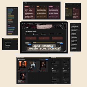 Könnte beinhalten: Ein digitaler Dark-Mode-Notion-Buch-Tracker mit dem Text "DARK ROMANCE NOTION BOOK TRACKER". Die Oberfläche umfasst Abschnitte für Bibliothek, Leselisten und Zitate. Zusätzliche Panels zeigen Buchcover und Lesefortschritt an.