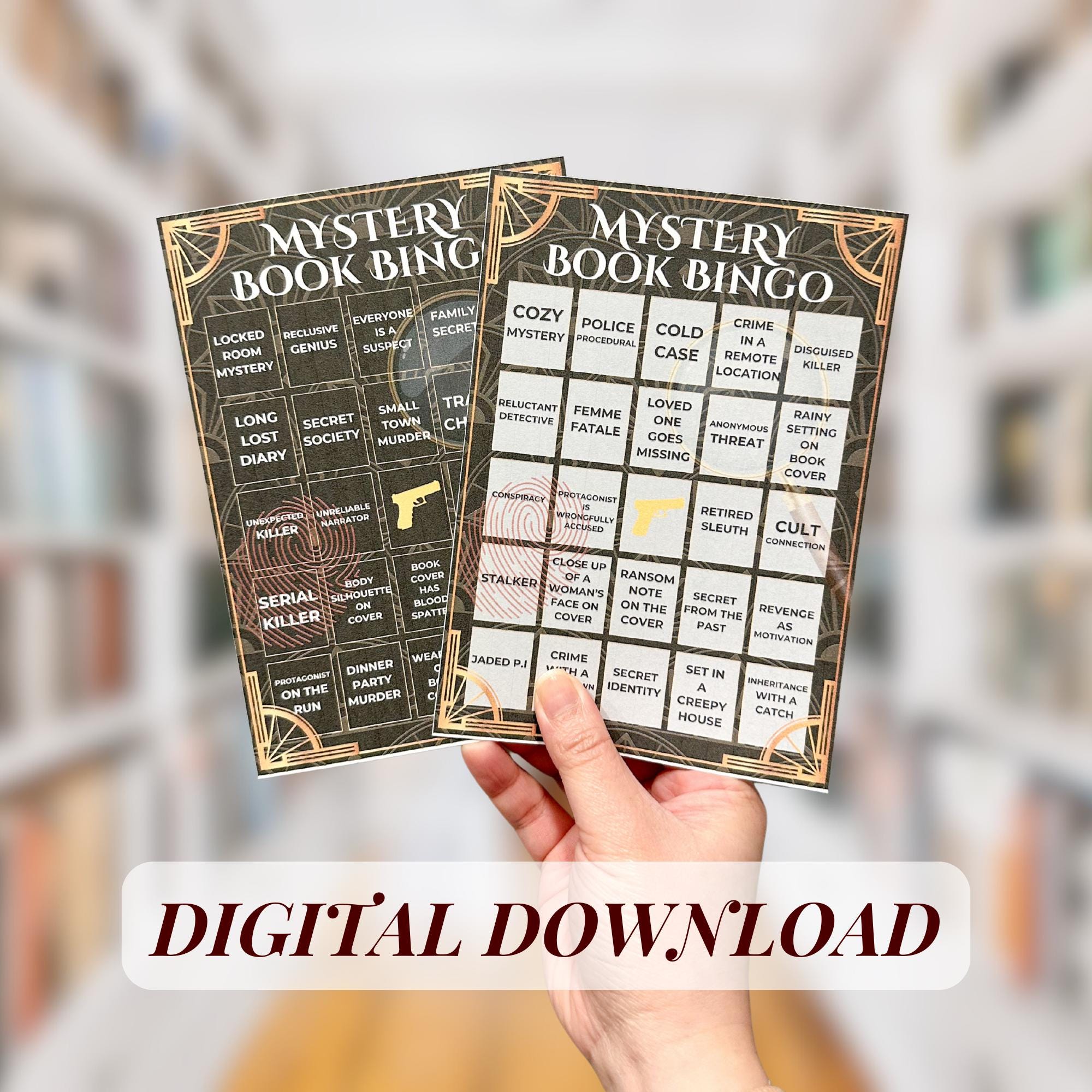 印刷可能なミステリーブックビンゴスリラー読書チャレンジゲーム、読書クラブゲーム、ダークな美学のデジタルブックビンゴ読書クラブアクティビティ -  Etsy 日本