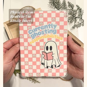 Pastel Checkered Reading Ghost Kindle Insert Pink Aesthetic Kindle Case Insert Spooky Kindle Decor Cute Bookish Accessory Gift for Reader