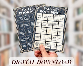 May include: Two fantasy book bingo cards with a dark blue background and gold accents. The cards feature a variety of fantasy book tropes, such as "lost heir", "shape shifting creatures", and "magic in plain sight".