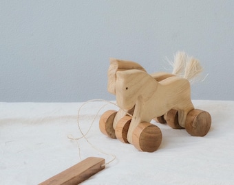 Giocattolo da tirare a doppio cavallo in teak fatto a mano - Regalo Montessori in legno per bambini