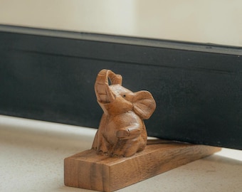 Hand Carved Teak Wood Animal Door Stopper, Elephant Cat Dog Rustic Decor