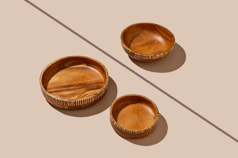 Wooden Serving Bowl with Coconut Shells Inlay Wood Dinning Plate Salad Bowl Serving Bowl Serving Plate Plate Set Wood Bowl Set image 1