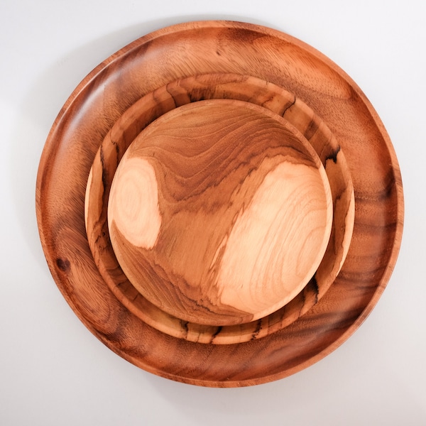 Assiette de service en bois de teck massif naturel | Assiette à fromage en bois | Assiette décorative | Assiette en bois | Assiette à dessert | 3 vaisselle en bois de taille différente