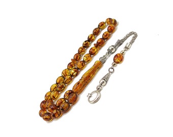 Natural Baltic Amber Rosary, 925 Sterling Silver, Amber Beads, Fossil Amber Rosary, Islamic Rosary, Damla Kehribar Tesbih