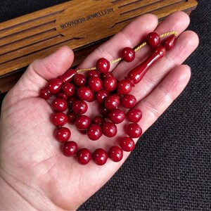 11 x 10 mm Wiśniowy bakelitowy różaniec z bursztynem • Stary Faturan Tasbih • Różaniec 10-letni • Mistrz Fatih Erbabacan