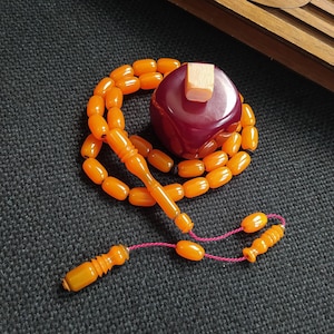 Różaniec z bursztynu i bakelitu w kolorze starego srebra 8 x 12 mm, Faturan Tasbih, ręcznie robiony różaniec turecki, antyczne koraliki różańcowe, kolekcja Tesbih, Misbaha, Tasbeeh