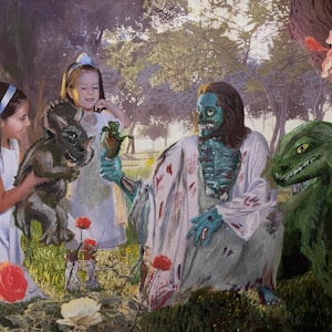 May include: A painting of a green dinosaur, a green humanoid figure, and two girls. The dinosaur is standing on its hind legs and has a large mouth. The humanoid figure is wearing a white robe and has a green face. The girls are wearing dresses and are holding a small green creature.
