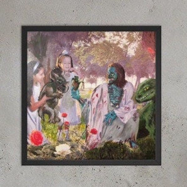 Zombie Jesus and the Dinosaurs Framed poster Easter or Halloween