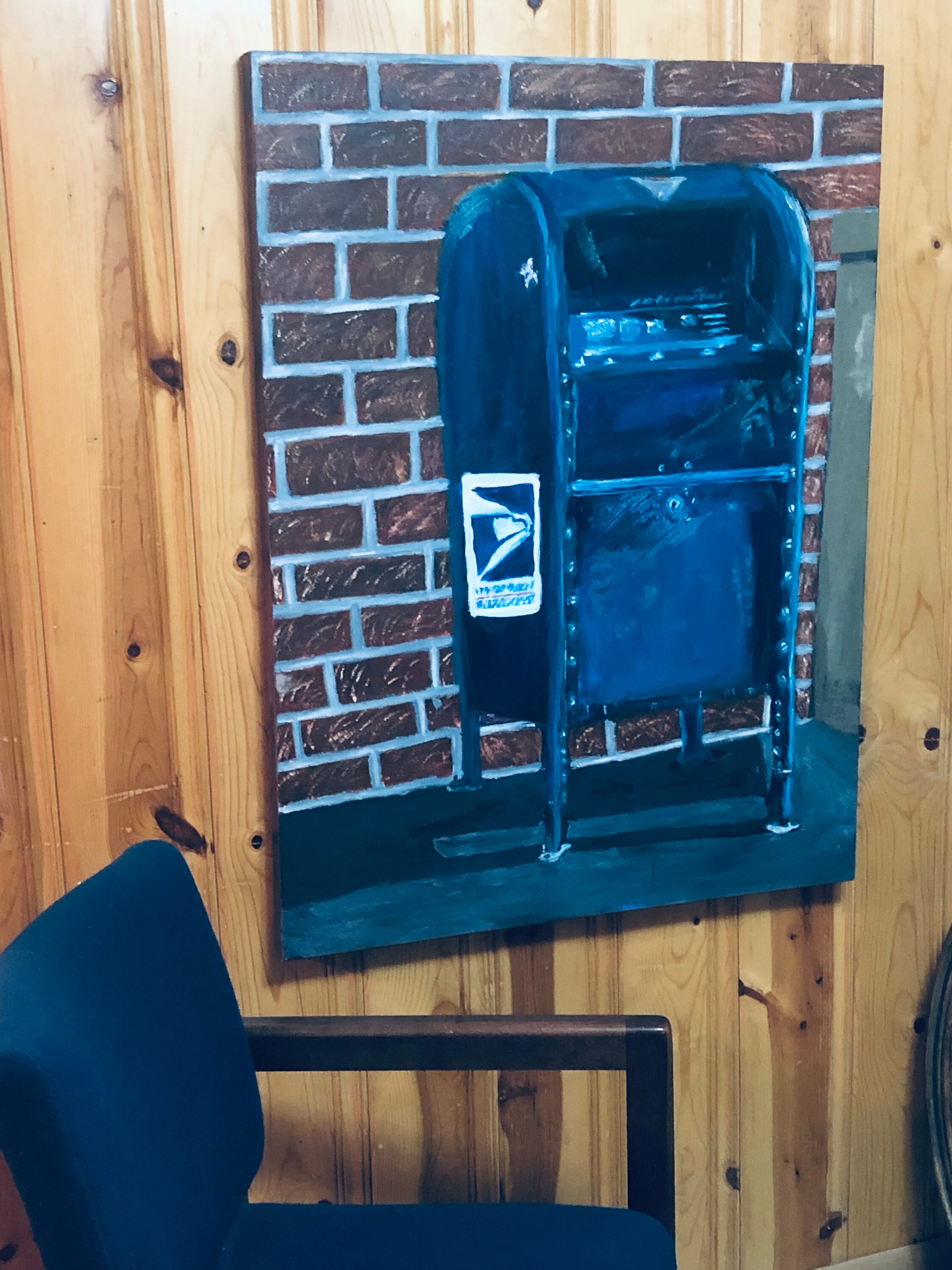 30x40 Blue Mail Box USPS Against Brick Wall Original Oil Painting