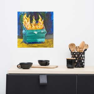 Poster Incendie de benne à ordures Impression d'une benne à ordures en flammes, symbole des temps difficiles