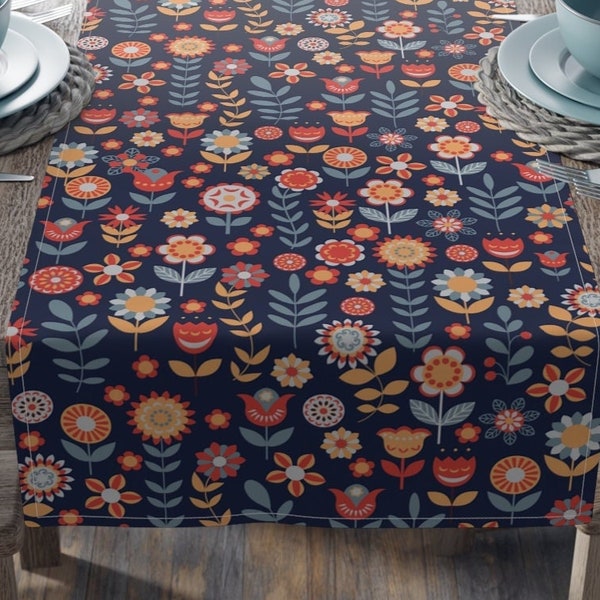 Scandinavian Folk Art Flowers Table Runner - Scandinavian Dining Decor - Scandi Decor - Boho Table Runner - Blue Orange Flowers -