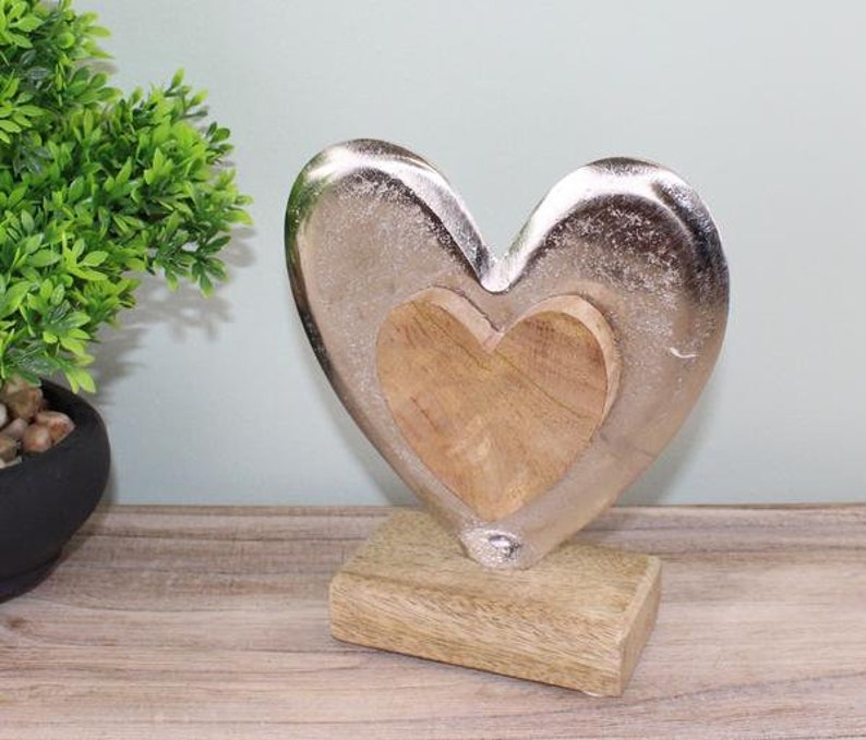 Small Silver Metal Heart On A Wooden Block Home Decor Ornament Rustic Country 