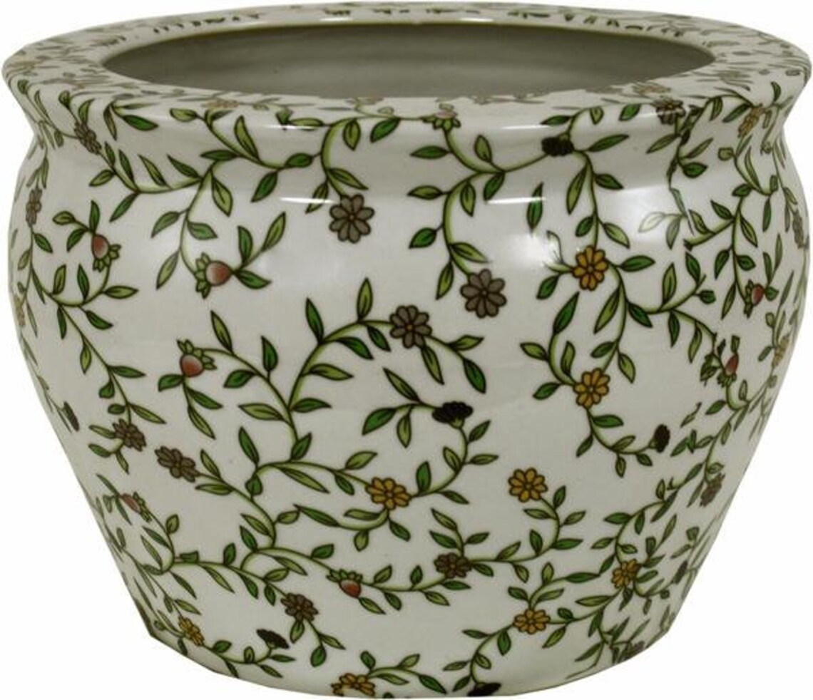 Keramik Übertopf Vintage Grün & Weiß Floral Design Blumen Etsy
