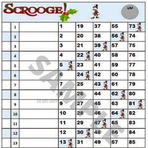 May include: A printable bingo card with the word "Scrooge!" at the top and a cartoon image of Scrooge McDuck in the upper right corner. The card has numbers 1-90 arranged in a grid.