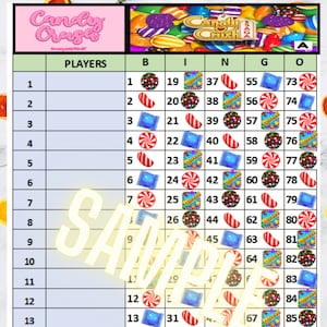 Puede incluir: Una tarjeta de bingo de Candy Crush Saga con 18 filas y 5 columnas. Las columnas están etiquetadas como B, I, N, G y O. Cada casilla contiene un número y una imagen de caramelo. Los números van del 1 al 90.