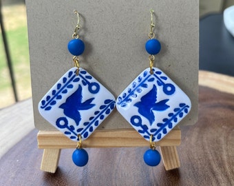 Handmade Talavera Tile Earrings, Mexican Style Polymer Clay Jewelry