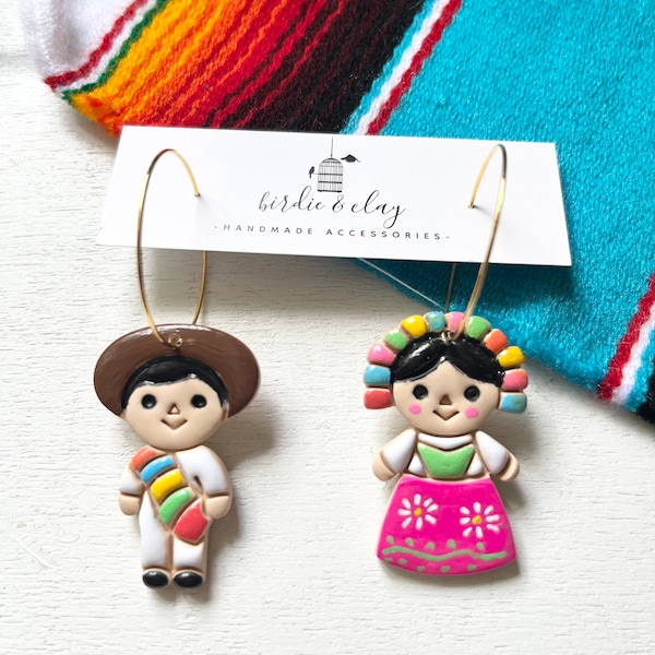 Mexican Doll Earrings/Muneca Earrings/Muneco Earrings/Mexican Artisanal Earrings/Polymer Clay Earrings/Handmade Earrings/Hoop Earrings