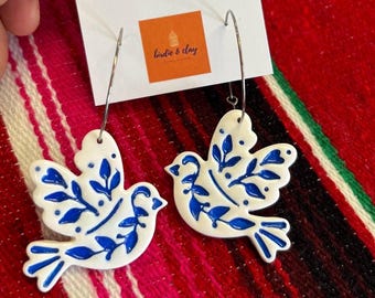 Talavera Dove Earrings, Mexican Bird Hoop Earrings, Handmade Polymer Clay