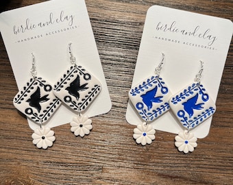 Handmade Talavera Tile Earrings: Spanish Style Polymer Clay Jewelry