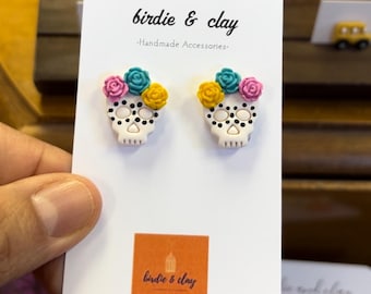 Handmade Sugar Skull Stud Earrings, Day of the Dead Jewelry