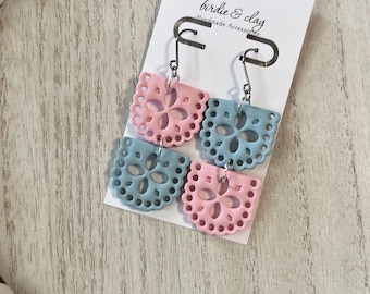 Gender Reveal Papel Picado Earrings, Handmade Polymer Clay