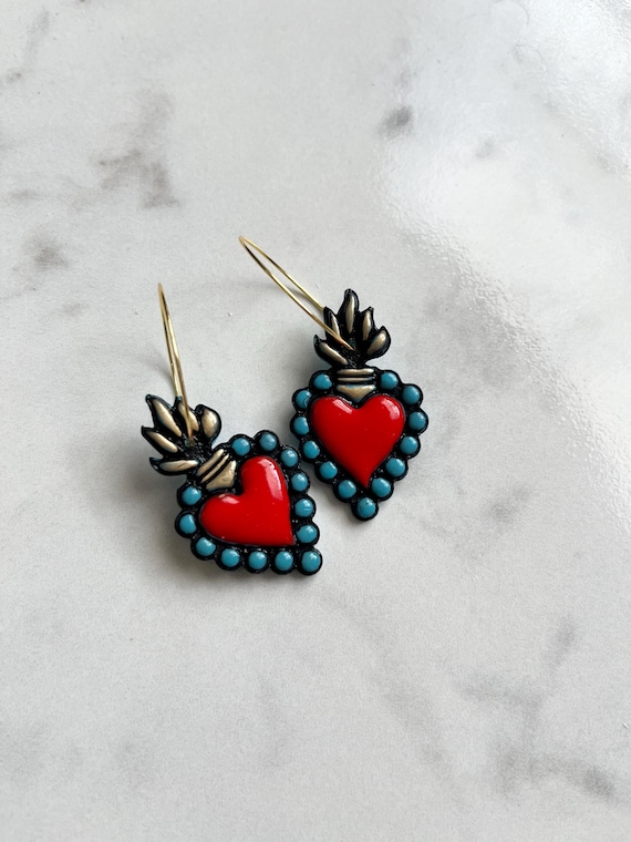 Handmade Sacred Heart Earrings, Folk Art Polymer Clay