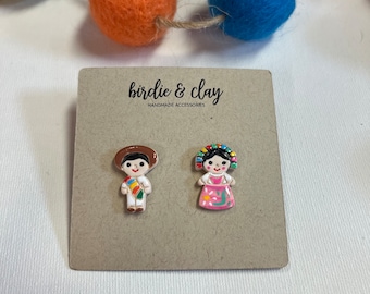 Mexican Rag Doll Stud Earrings: Polymer Clay Muneca Earrings