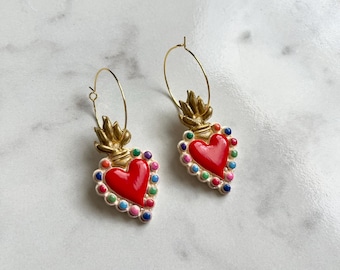 Handmade Sacred Heart Hoop Earrings, Folk Art Polymer Clay Jewelry