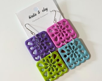 Papel Picado Earrings, Polymer Clay Dangle, Spanish Style