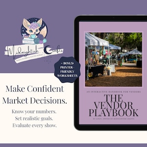 Könnte beinhalten: Ein Tablet zeigt "The Vendor Playbook" mit einem Marktbild. Der Text lautet: "Treffen Sie selbstbewusste Marktentscheidungen." und "Bonus: Druckfreundliche Arbeitsblätter." Ein Logo mit einem Fuchs ist ebenfalls sichtbar.