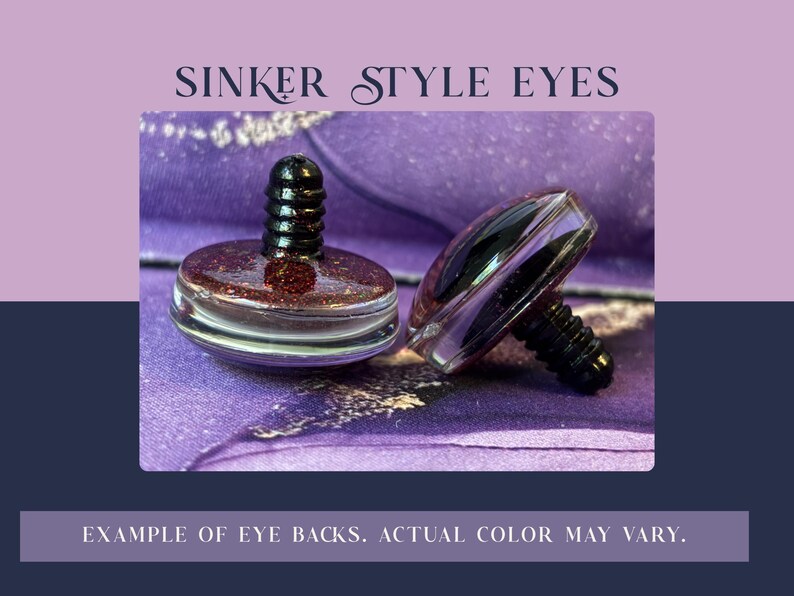 May include: Two sinker style eyes with dark red glitter centers and clear outer edges. Each eye features a black threaded post on the back. The text SINKER STYLE EYES appears at the top, and EXAMPLE OF EYE BACKS. ACTUAL COLOR MAY VARY. at the bottom.