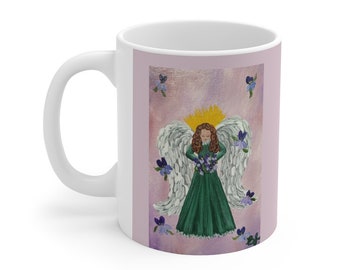 Angel Coffee Mug, Green Angel with Violets, Ceramic 11oz