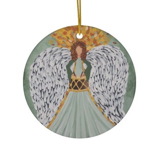Angel Ornament with green angel playing drum