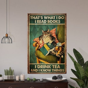 i drink tea read books and know things cat-poster , Black Cat Wall Art - Black Cat Print - -Black Cat Artwork - Home Decor