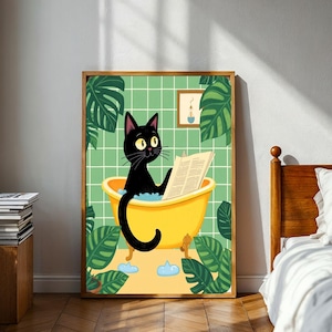 Katze liest Zeitung im Bad Print, Lustige Katze Poster, Katze Lustiges Badezimmer Wand Kunst Dekor Badezimmer Katze Wandkunst, Katze im Bad Print