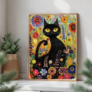 Stampa di Gustav Klimt con gatto da giardino, stampa di Klimt con gatto con fiori, stampa di gatto nero, stampa floreale, stampa di gatto divertente