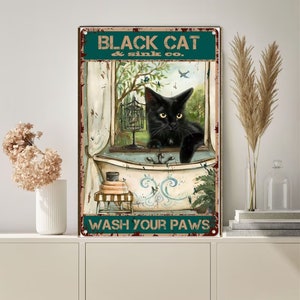 black cat wash your paws  wall poster , Black Cat Wall Art - Black Cat Print -Black Cat Artwork - Home Decor