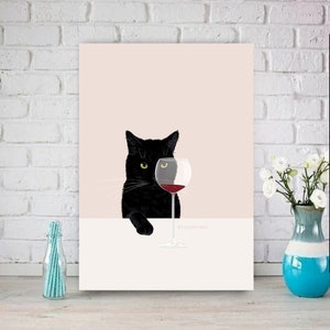 cat with glass of wine poster , Black Cat Wall Art - Black Cat Print -Black Cat Artwork - Home Decor