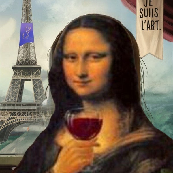 Mona Lisa  drinkin wine  ,png  printable Original Oil Painting  Portrait Poster, Vintage Wall Art, Unique Gift