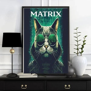 matrix cat art print ,matrix rain code poster, black cat matrix,matrix rain digtial poster, ai generated poster,deja vu cat